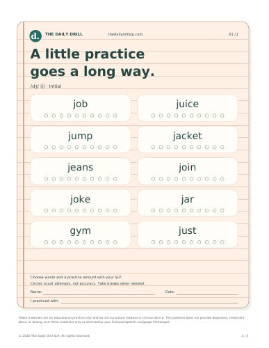 /dʒ/ (j) lined-paper worksheet with white word boxes and trial circles