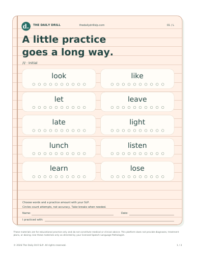 /l/ lined-paper worksheet with white word boxes and trial circles