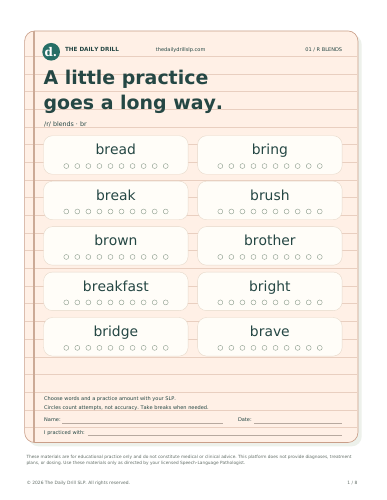 /r/ blends lined-paper worksheet with white word boxes and trial circles