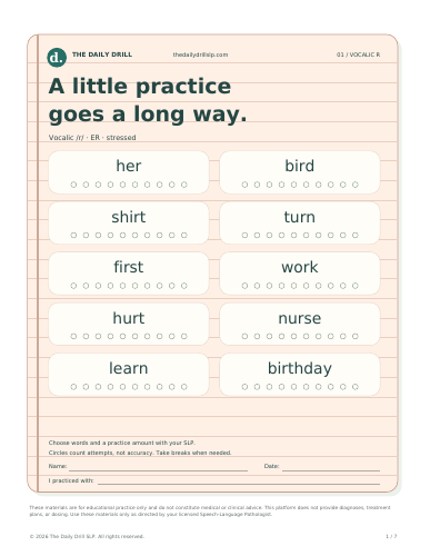 Vocalic /r/ lined-paper worksheet with white word boxes and trial circles