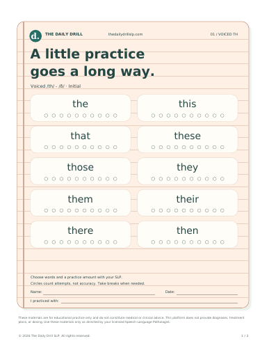 Voiced /th/ - /ð/ lined-paper worksheet with white word boxes and trial circles